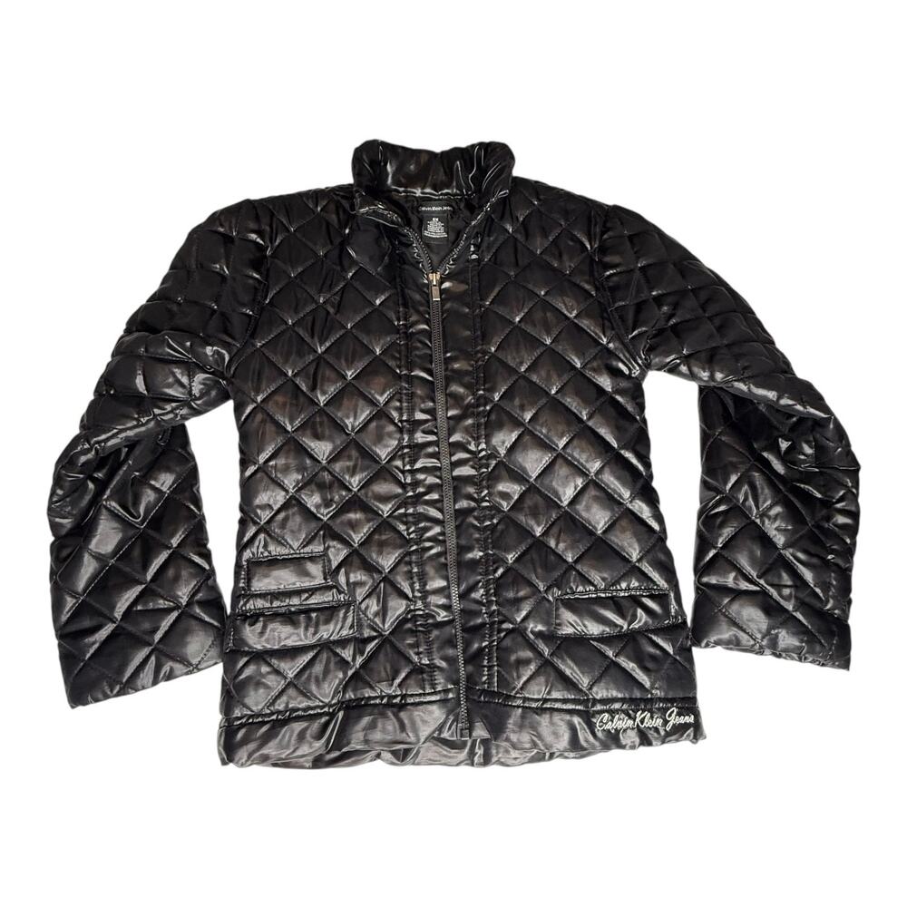 Calvin Klein Jeans Girls Puffer Jacket 6x Black Quilted Coat Zip Up Snap Collar